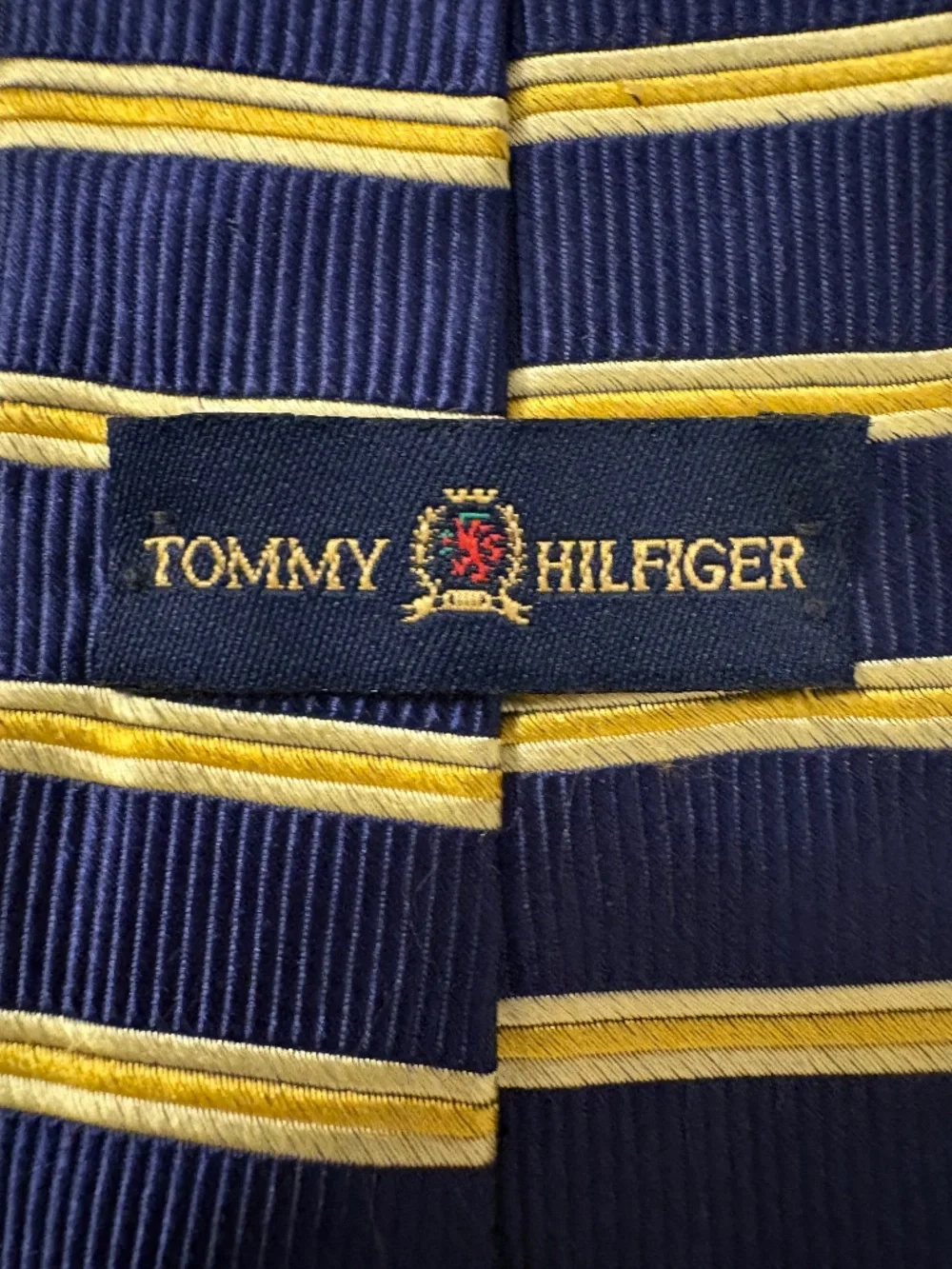 Vintage Tommy Hilfiger Red, Navy Blue & Gold Striped Silk Tie – Made in USA